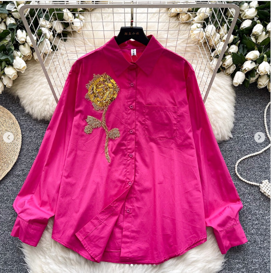 Women's European Chic Streetwear Shirt Sequins 3D Floral